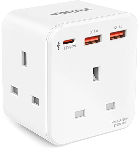 VINTAR 3 Way Adapter Plug Extension Socket with PD 20W Fast Charge | Multi Plug Adaptor with 3 AC Outlets 3 USB Ports, 13A Double Plug adapter for Bedroom, Office, Kitchen, White, 1 Pack