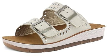 inblu Femme Ciabatte Donna Con Doppia Fibbia, Fiorellini E Strass, Plantare in Vera Pelle Imbottito Sandale Glissante, Glace, 37 EU