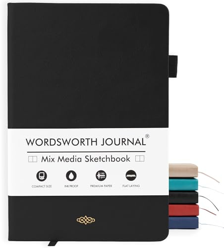 Wordsworth & Black A5-Anteckningsbok Med Blandade Medier, 96 Sidor, Inbunden Läderpärm, 190 G/M² Papper, Anteckningsbok För Arbete Och Skissering, Anteckningsböcker För Kvinnor, Män, Låda Ingår, Svart