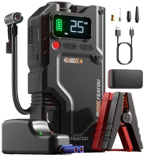 Starthilfe Powerbank mit Kompressor 6500A, Auto Starthilfe 12V für pkw mit Luftpumpe, Auto Starter Batterie Booster Powerpack(für 9.0L Benzin/8.5L Diesel) mit Starthilfekabel, 500 Lumen LED (Black)