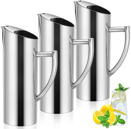 Yiyiring 3 Pack Stainless Steel Pitcher with Ice Guard, 53 oz Silver Beveled Mouth Modern Polished Kettle with Handle Metal Serving Pitcher Iced/Hot Drink Jug for Tea, Coffee, Juice, Beer