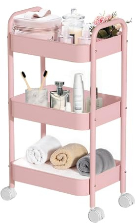 Beauty Trolley on Wheels 3 Tier Storage Trolley with handle Space-Saving Beauty Trolleys Rolling Utility Cart Craft Trolleys on Wheels for Home Kitchen Bathroom Laundry Office (Pink)