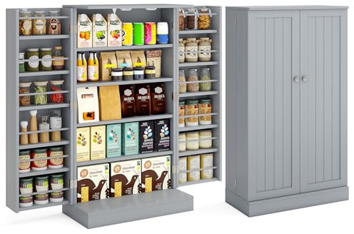 FANTASK Küchenschrank mit Doppeltür, Vorratsschrank mit 6 verstellbaren Einlegeböden, Mehrzweckschrank, Buffetschrank für Esszimmer, Wohnzimmer (Grau)