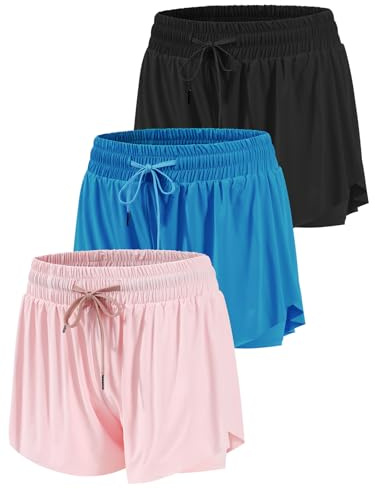 Orrfreer 3 Pack Girls Butterfly Shorts Athletic 2-in-1 Running Shorts for Girls Teen with Pockets Colourful Summer Sports Shorts Built-in Breathable Shorts