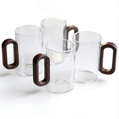 Design Gläser 4er Set – hitzebeständige Kaffeegläser & Cappuccino Tassen aus Borosilikatglas mit Holzgriff, 300 ml – moderne Cappuccino Gläser, Teegläser & Matcha Gläser (Durchsichtig klar 4)