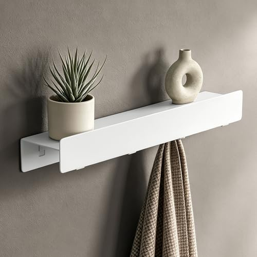 doporro Wandgarderobe mit Ablage, Garderobenleiste 40 cm mit 4 Garderobenhaken Weiß, Hakenleiste aus Metall，Kleiderhaken Wand zum Schrauben oder Kleben, Flurgarderobe für Flur, Bad, Küche, Stalo-11