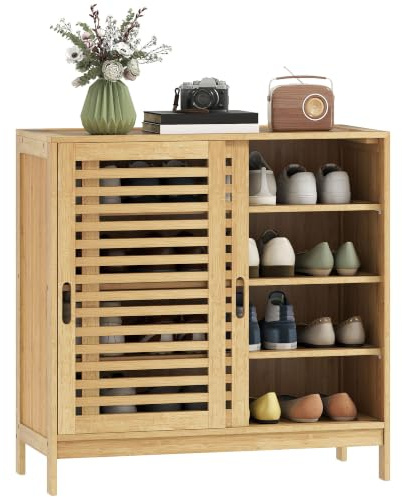 HOMCOM Bamboo Shoe Cabinet with 2 Sliding Slat Doors, 16Pairs Natural