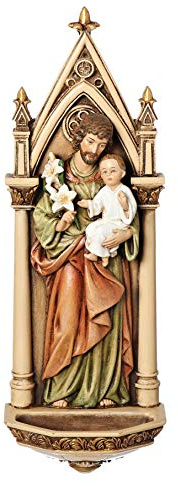 Joseph's Studio by Roman - St. Joseph and Child Jesus Holy Water Font, Renaissance Collection, 7.75 H, Resin and Stone, Religious Gift, Decoration, Collection, Durable, Long Lasting