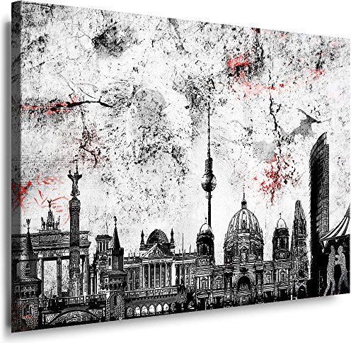 Wandbild 70 x 50 cm Stadt Wandbild Berlin Bild auf Leinwand mit Rahmen XXL Leinwandbild Skyline Kunstdruck Bär Silhouette Abstrakt o101-3
