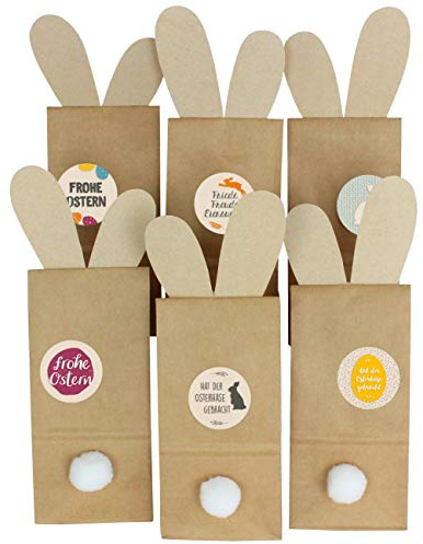 Papierdrachen 12 dekorative Osternester zum Befüllen - Kraftpapiertüten mit Hasenohren zum Ausschneiden - Oster Dekoration Tischdeko inkl. Aufkleber und Hasenpuschel - Motiv Packpapier