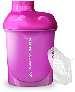 AMITYUNION Coctelera de proteínas para mujeres 400 ml Pink Deluxe ORIGINAL - Coctelera de proteínas a prueba de fugas - Sin BPA con colador, báscula para batidos cremosos de suero de leche