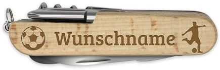 printplanet - Holz-Taschenmesser mit Namen, Initialen oder Wunschtext selbst gestalten - Taschenmesser aus Holz mit Gravur personalisieren - Motiv: Fußball
