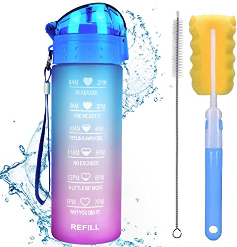 XACIOA Trinkflasche 540ml mit Stroh,Tritan Getränk Sportflasche auslaufsicher,BPA-Frei Wasserflasche Mit Bürste,Zeitmarkierungen,Kantine Flasche für Kinder,Fitness,Yoga,Camping,Radfahren,Büro