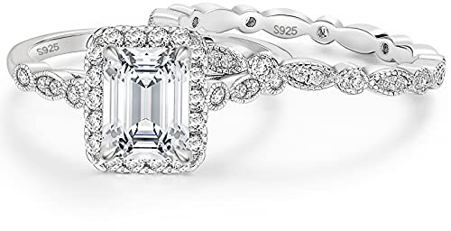 EAMTI 2CT 925 Sterling Silver Bridal Ring Sets Emerald Cut CZ Engagement Rings Vintage Promise Rings Marquise Wedding Bands for Women Size 6