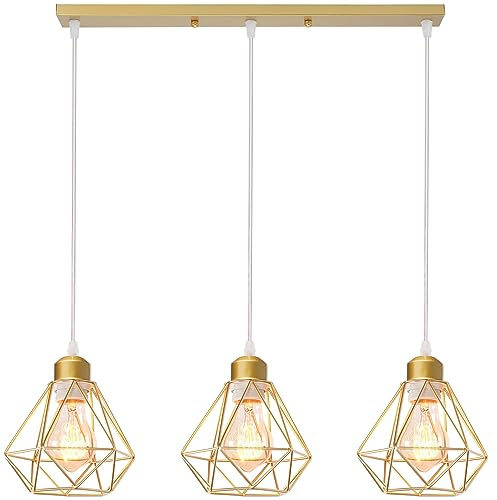 TOKIUS 3-flammig Pendelleuchte 16CM Retro Hängelampe mit Geometrischem Design Lampenschirm E27 Lampe aus Eisen Käfig Gold Hängeleuchte für Esstisch Küche (Pendellampe, Balken)