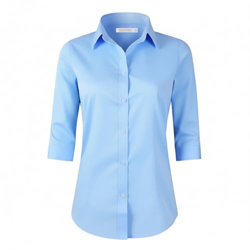 Benibos Women's 3/4 Sleeve Formal Work Wear White Button Down Shirt (226 Light Blue S)