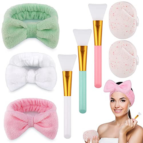 Zocipro 3 Pack Spa Headband, Facial Makeup Headbands for Women with 3 Silicone Face Mask Brush and 2 Washing Sponge, Elastic Skincare Headband For Facial Cosmetic Shower Yoga Sports