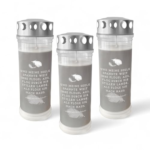 DOLORINO Grablicht 'Und meine Seele spannte weit ihre Flügel' | 3er Set | 7-Tage Brenner | deutsche Qualität