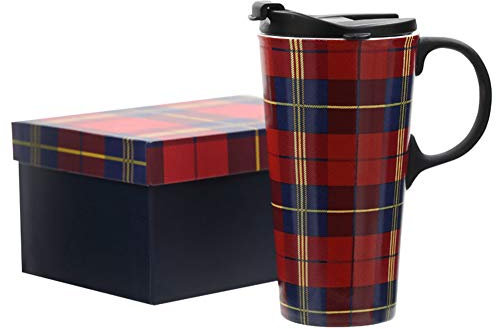 Topadorn Ceramic Travel Mug Coffee Cup with Sealed Lid Tall Mugs Gift Box for Holiday, 17oz Large Capacity Mug Home Office Gift, Red Plaid