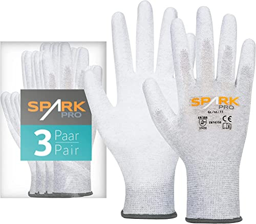 ACE Spark Pro Antistatik-Handschuh - 3 Paar Schutz-Handschuhe für PC & Elektronik - EN 388/16350-07/S (3er Pack)