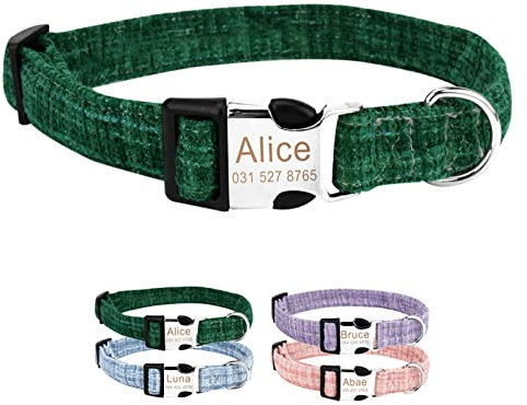 Personalisierte Hundehalsband und Leine Set, Frei Graviertes Hundehalsband mit Namen und Telefonnummer Welpenhalsbänder, Weiche Dicke Hunde Halsbänder mit D-Ring für Kleine bis Große Hunde(XS,Grün)