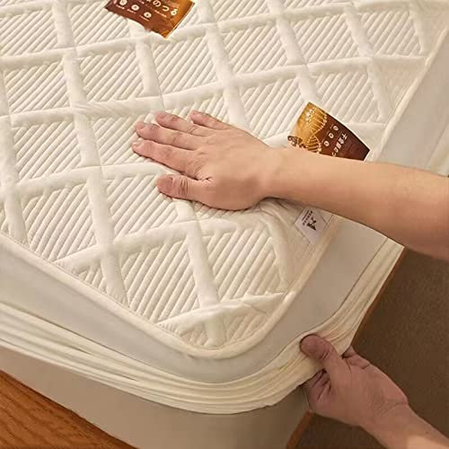 YUDEYU Gesteppte Schicht Spannbettuch Roher Baumwollstoff Tagesdecke Matratzenschoner Enthält pflanzliche Ballaststoffe gut zum schlafen Spann bettlaken Lakens(White,100x200 cm+30cm)