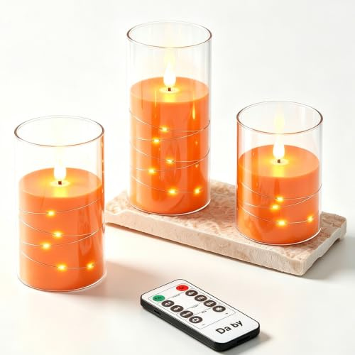 3 Bougies LED Orange Transparentes à Guirlande Lumineuse, Flamme Scintillante Réaliste, Effet Verre, Télécommande Incluse, Plastique Réutilisable Écologique pour Déco Intérieure et Festive