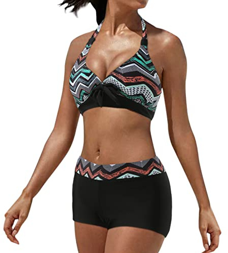 Jarseila Femme Elégant Maillots de Bain 2 Pièces Sport Bikini Halterneck Push Up Bikini Taille Haute Shorty Tankini