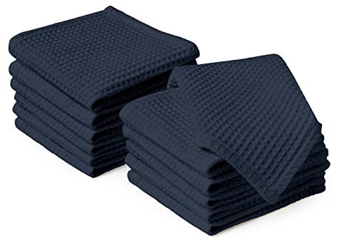 Encasa XO Küchenhandtücher und Waschlappen aus Baumwolle | Marine | Waffel- und Flachgewebe-Geschirrtuch | Geschirrtuch-Set | 30x30 cm | Wiederverwendbar und schnell trocknend 12er-Satz