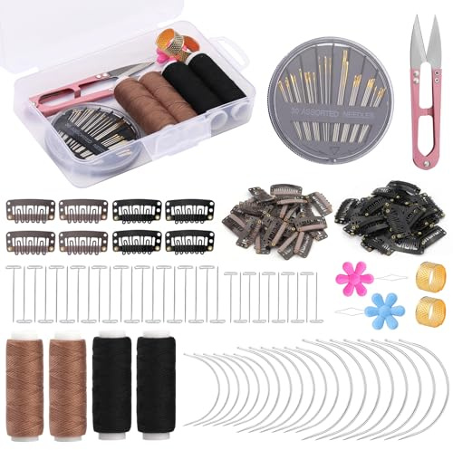 Fedmut Kit completo de 120 pinzas para extensiones de cabello, incluye agujas de coser, enhebradores, dedales y tijeras
