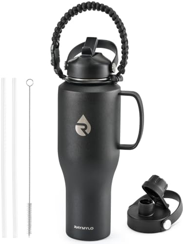 RAYMYLO 1.2L Insulated Water Bottle with Handle | Triple Wall Vacuum Cold 48 hrs, Stainless Steel with Handle & Straw Lid & Paracord Handle, Leakproof Travel Flask
