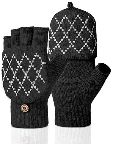 Kiiwah Fingerlose Handschuhe Fäustlinge für Herren Damen, Warme Winter Handschuhe Convertible Halbfinger Flip Top Fäustlinge Touchscreen Fotografie Handschuhe (Diamant Schwarz)