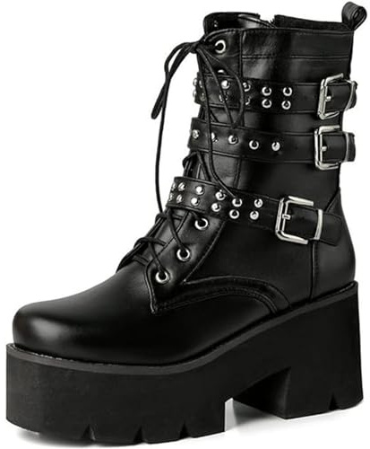 EXECAB Damen-Stiefeletten zum Schnüren, Gothic-Punk-Stil, Nieten, Knöchelriemen, Metallschnalle, Plateau, Blockabsatz, Biker-Stiefeletten,Schwarz,38 EU
