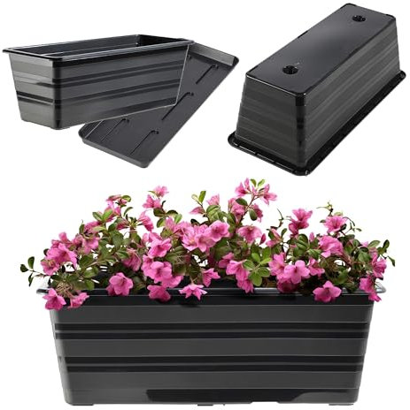 KADAX Blumenkasten 40 cm mit Untersetzern Anthrazit, Balkontopf aus Kunststoff, Witterungsbeständiger Pflanz-Kasten, Blumentopf, Geländerkasten für Blumen, Kräuter