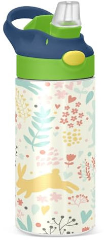 KAAVIYO Colorful Cartoon Bunny Rabbit Water Bottle Stainless Steel Insulated Vacuum Flask Leak Proof with Straw Brush Cup 350ML for Boys Girls Kids