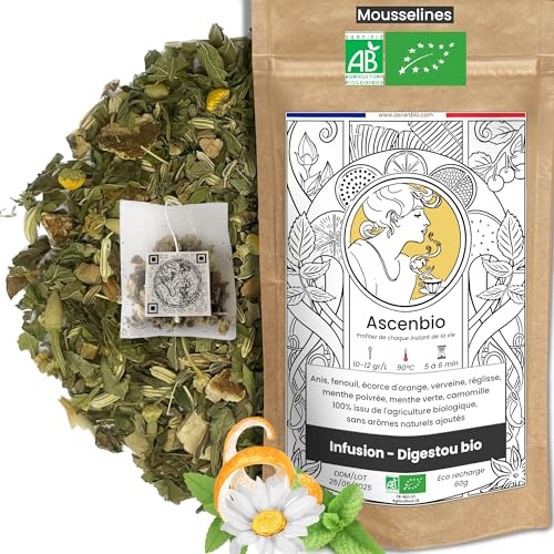 Ascenbio ✿ Infusion Digestou BIO ✿ Tisane Digestion Hydratation ✿ 30 sachets mousselines ✿ Préparé et conditionné en France ✿ Emballage biodégradable