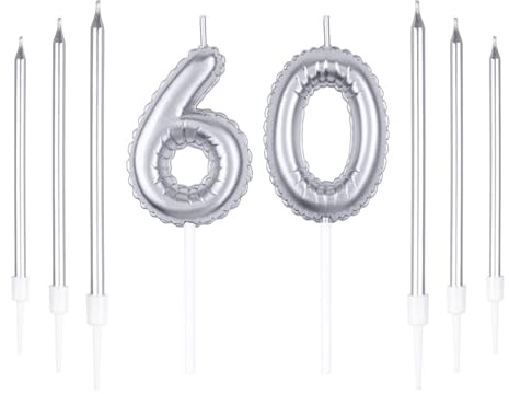 mciskin Silver Birthday Candle Set,Number 60 Candels with 6Pcs Long Candles,60 Candles Set,60th Set,Happy Candle,Cake Decorations for Party Wedding Anniversary