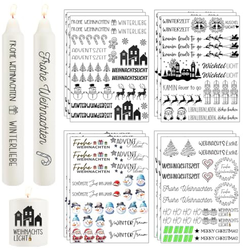 Yezirzax 12 Stück Kerzen Tattoofolie Weihnachten - Wasserschiebefolie mit Weihnachts Sticker zum Dekorieren