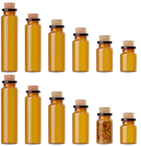 AHANDMAKER 30 Pack 6 Sizes Glass Bead Containers with Cork Pudding Containers with Lids Stopper Wishing Bottles for DIY Art Crafts Projects Decoration Party Supplies Wedding, Dark Brown