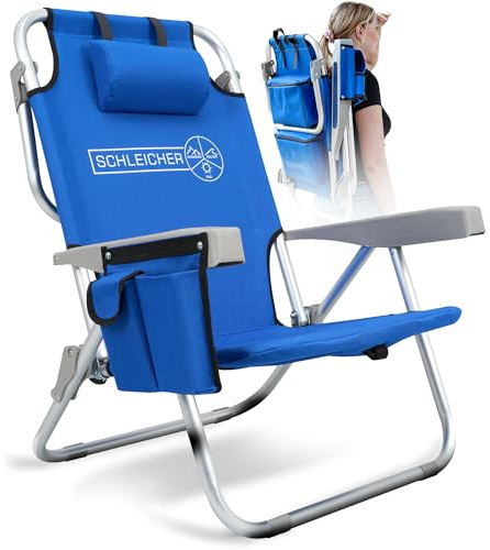 Schleicher 4-in-1 Strandstuhl & Campingstuhl – Ultraleicht mit Rucksackfunktion, Kühlfach & Kissen – Belastbar bis 150kg – Faltbarer Outdoorstuhl für Strand & Reise – Ocean Blue