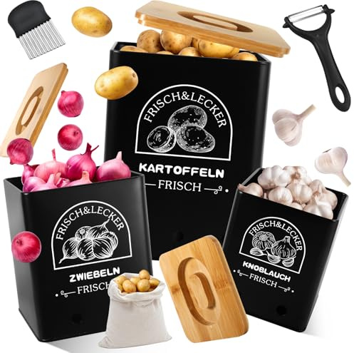 ITMNMNL Boîte de Pommes de Terre, Lot de 3 Rangement Rangement Pommes de Terre Oignons Ail, Éplucheur, Pots Rectangulaires Empilables (Noir)