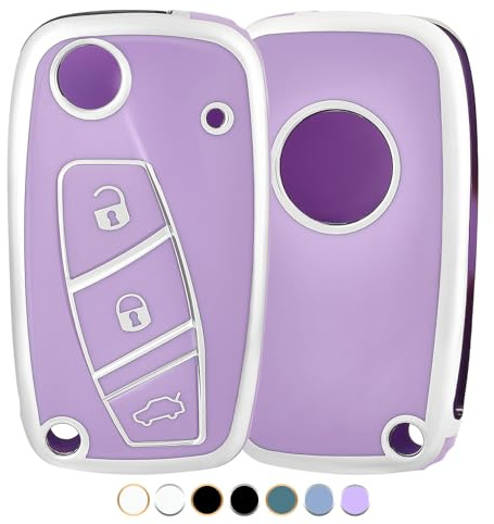 OFF WE GO Autoschlüssel Hülle Schlüsselhülle Cover für FIAT Bravo Doblo Ducate Panda Grande Punto Stilo Ulysse Fiorino Idea Qubo Schlüsselcover 3 Tasten Schlüssel Schutz Gehäuse, Violett Silber