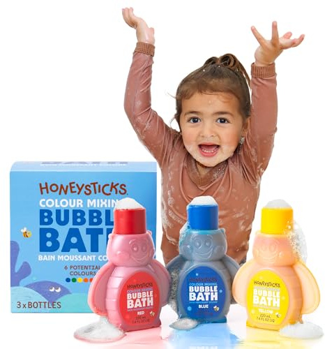 Honeysticks Bain Moussant Enfant (Bleu, Rouge, Jaune) - Produit Bulle Enfant Sûr, Végétal, Non Irritant. Change la Couleur de l’Eau et Crée des Bulles Super Moussantes - Sûr pour les 1 à 8 Ans