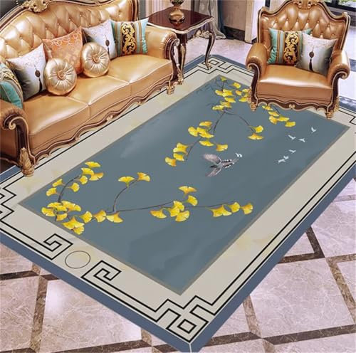 RUGMRZ Teppich Esszimmer 170x240CM Schlafzimmer groß Rug Carpet Blau Waschbarer Schlafzimmerteppich mit gelbem orientalischem Blumenmuster