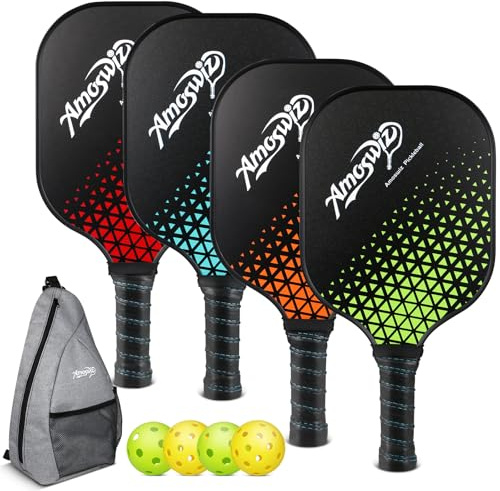 Amoswiz Pickleball Paddle Set with Backpack, Fiberglass | Includes 4 Paddles, 4 Pickleballs and Carry Backpack, Perfect for Families, Men & Women