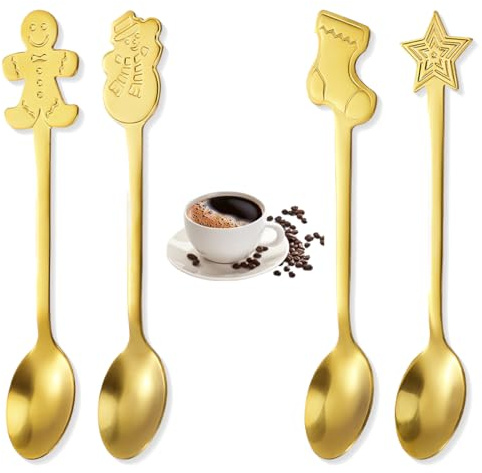 NJCXOLA Set di Cucchiaini Natalizi 4 Pezzi Cucchiaio da Caffè in Acciaio Inox Cucchiaini da caffè in Stile Natalizio Cucchiaino da Dessert con Confezione Regalo per Feste di Natale