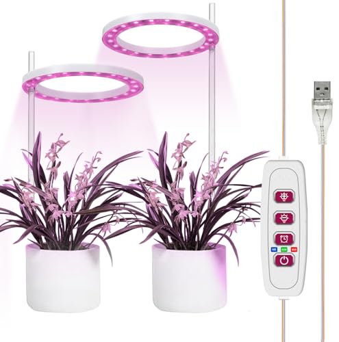 [2 teste] Lampada per Piante, a spettro completo, luce per piante compatta, regolabile in altezza, con timer automatico on/off da 8/12/16 ore, 5 livelli di dimmerazione, ideale per luci