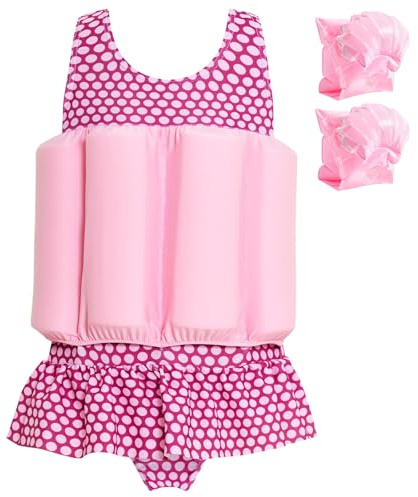 Summshall Maillot de bain pour bébé fille avec flottabilité pour enfant - Aide à la natation - Maillot de bain une pièce, Rose/blanc, 5-6 ans