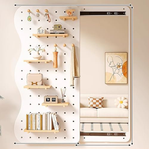 XRRJFYH Panneau Perforé Bois avec Miroir Pleine Longueur Invisible, Panneau Porte Outils, Rangement Outils Mural, Porte Outils Mural, Pegboard Mural(White,140x50cm/55x20in)