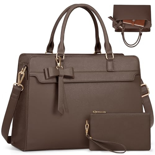 RAINSMORE Laptop Bags for Women 15.6 Inch Large Laptop Tote Bag PU Leather Ladies Laptop Handbag with Clutch Bag Water Resistant Work Bags for Business Office School Casual Coffee